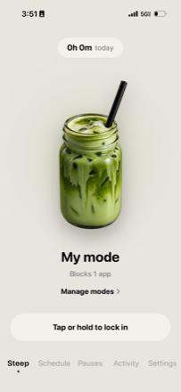 Matcha home screen, unlocked, showing a Mode ready to start